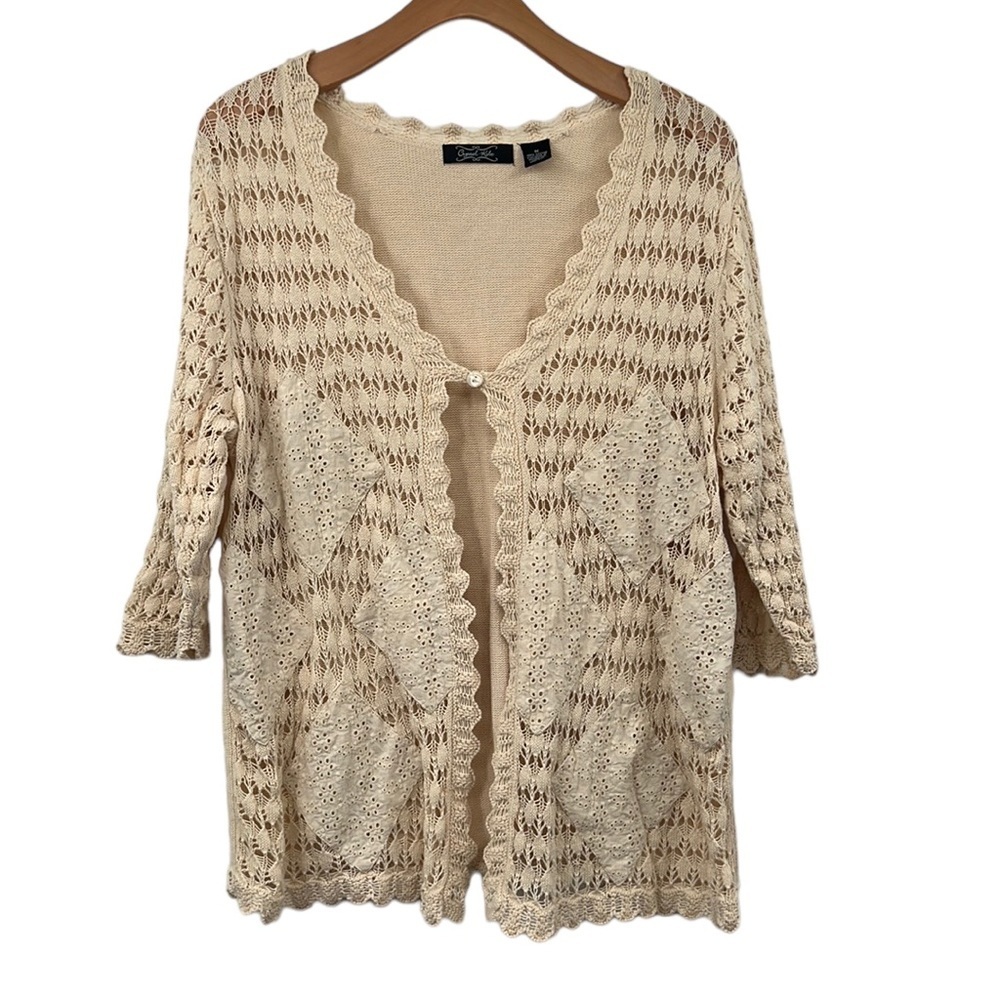 Crystal-Kobe Cardigan Womens 1X Cream Knit Vintage Patchwork Sweater Boho